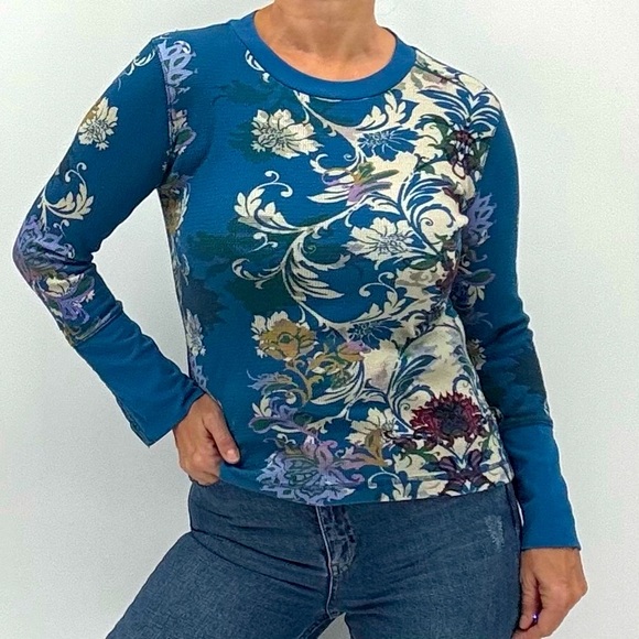Sundance Bayberry Lagoon Boho Floral Print Waffle Knit Long Sleeve Thermal Top - Picture 1 of 16